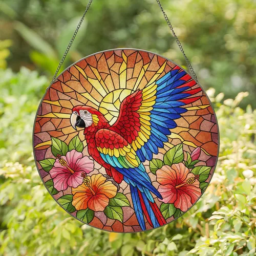 Macaw Parrot Hibiscus Sunburst - Home Decor Gift for Bird Lovers Stained Glass Suncatcher