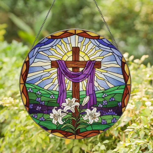Purple Cloth Wooden Cross White Easter Lilies Abstract Hills Sunburst - Easter Holiday Gift Stained Glass Suncatcher