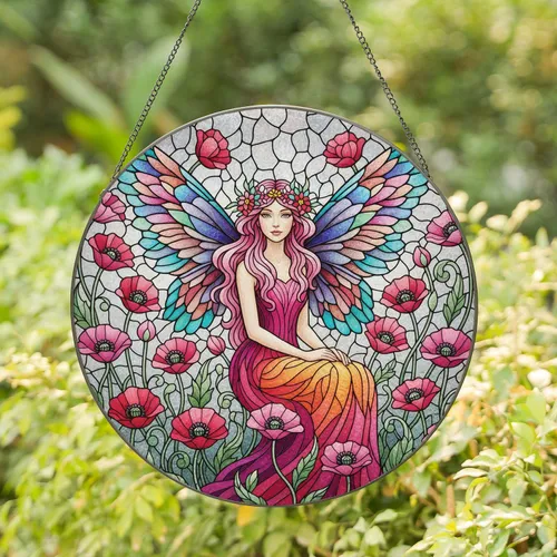 Graceful Fairy Poppy Flowers - Home Decor Gift for Fairy Lover Stained Glass Suncatcher