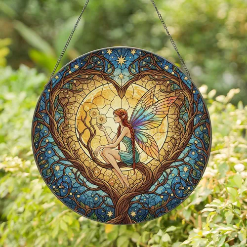 Fairy Dandelion Moon Heart - Home Decor Gift for Fairy Lover Stained Glass Suncatcher