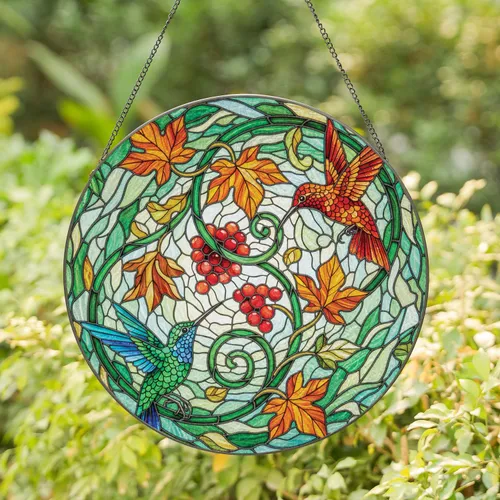 Hummingbirds Interacting Autumn Vine Berries Botanical Mosaic - Home Decor Gift Stained Glass Suncatcher