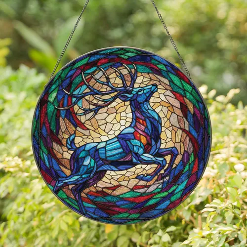 Leaping Deer with Elaborate Antlers - Home Decor Gift Window Display for Wildlife Lovers Stained Glass Suncatcher