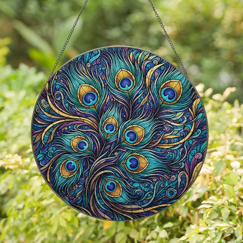 Peacock Feathers Iridescent Eye - Window Decor Gift for Bird Lovers Stained Glass Suncatcher