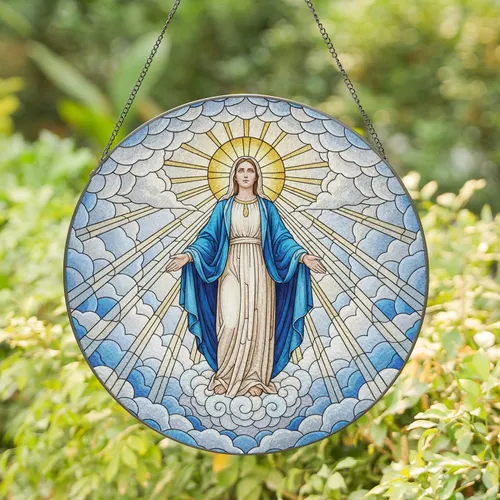 Virgin Mary Golden Sunburst Deep Blue Mantle - Sacred Home Decor Gift for Believers Stained Glass Suncatcher