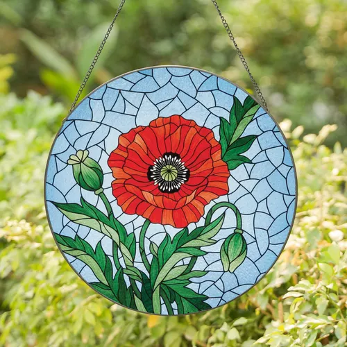 Tiffany-Inspired Red Poppy Flower Seed Head Leaves Buds Home Decor Gift for Garden Lover Stained Glass Suncatcher