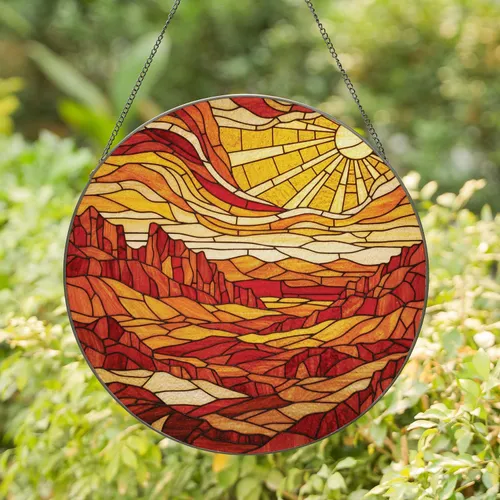 Geological Rolling Hills Angular Rock Formations Desert Canyon Sun - Home Decor Gift Stained Glass Suncatcher
