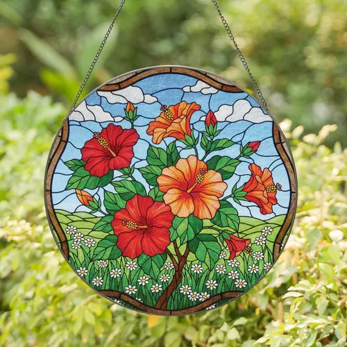 Hibiscus Flower Branch Field Daisy - Home Decor Gift for Garden Lover Stained Glass Suncatcher