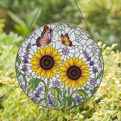 Blooming Sunflowers Butterflies Lavender Green Leaves - Home Decor Gift for Garden Lover Stained Glass Suncatcher