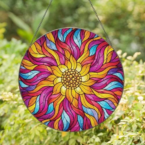 Golden Yellow Stamen Overlapping Petals Stained Glass Flower Mosaic - Home Decor Gift Stained Glass Suncatcher