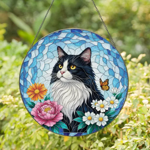Black Tuxedo Cat Stained Glass Floral Blue Mosaic Home Decor Gift for Cat Lovers Stained Glass Suncatcher