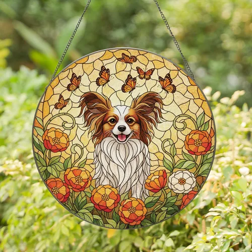 Smiling Fluffy Papillon Dog Butterflies Garden Flowers - Home Decor Gift for Dog Lover Stained Glass Suncatcher