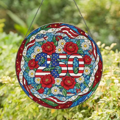 250 American Flag Floral - Independence Day Gift for Veterans Stained Glass Suncatcher