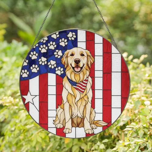 Golden Retriever American Flag - Independence Day Home Decor for Dog Lovers Stained Glass Suncatcher
