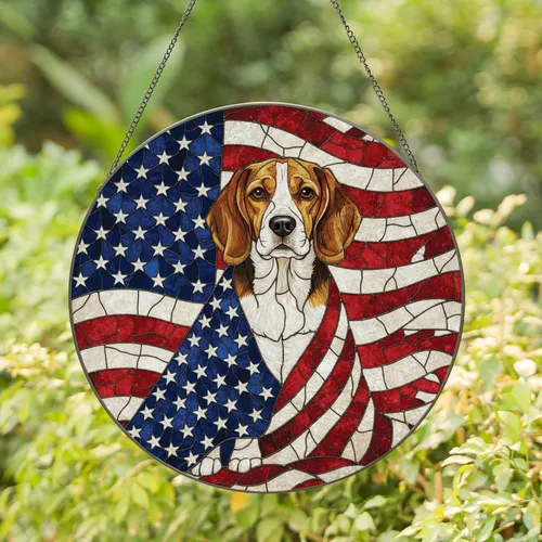 Beagle Dog Distressed American Flag Independence Day Gift for Dog Lovers and Patriotic Homes Stained Glass Suncatcher