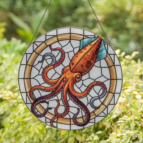 Squid Sea Creature Window Decoration - Ocean Lover Coastal Home Decor Gift Stained Glass Suncatcher