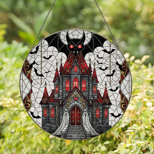 Gothic Vampire Castle Spectral Guardians - Halloween Home Decor Gift for Goth Lovers Stained Glass Suncatcher