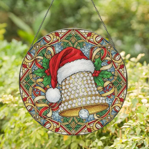 Christmas Bell Santa Hat Holly Snowflakes Ribbons - Festive Home Decor Gift Stained Glass Suncatcher