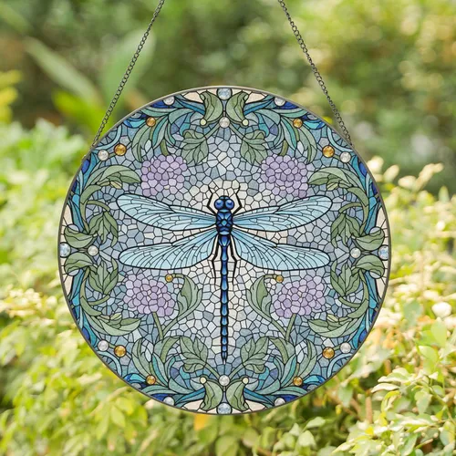 Deep Blue Dragonfly Stained Glass Jeweled Floral Mosaic - Home Decor Gift Stained Glass Suncatcher