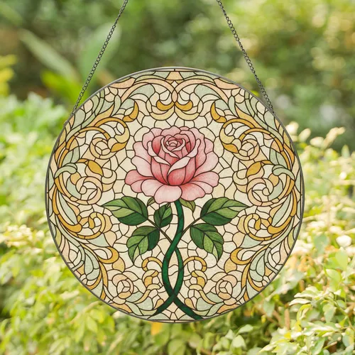 Bloomed Pink Rose Flowing Vines Floral Mosaic - Home Decor Gift for Garden Lover Stained Glass Suncatcher