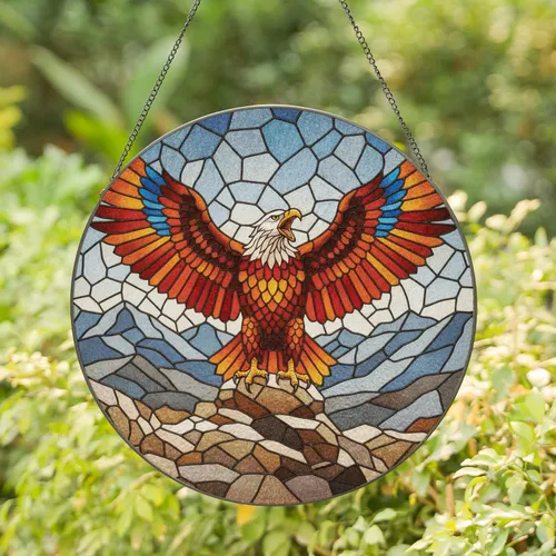 Majestic Fiery Winged Eagle Mountain Peaks - Home Decor Gift for Nature Lovers Stained Glass Suncatcher