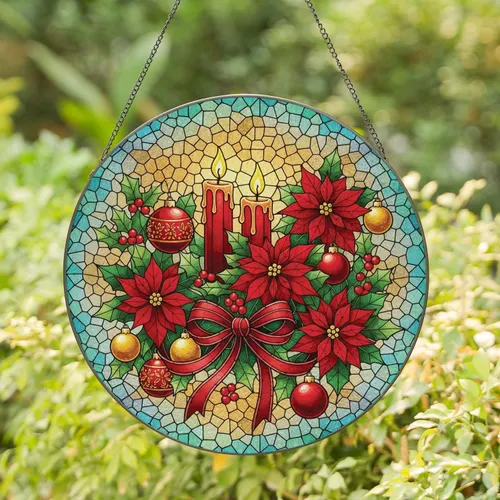 Poinsettia Pillar Candles Holly Berries Baubles - Christmas Gift Stained Glass Suncatcher