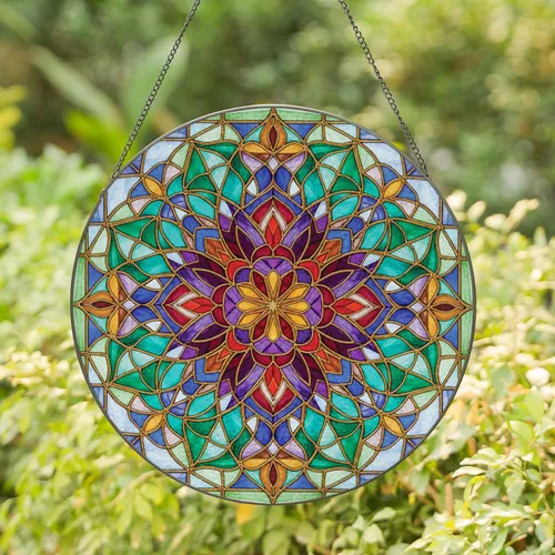 Eight-Pointed Star Mandala Floral Petal Teardrop Lead Lines Panel - Home Decor Gift Stained Glass Suncatcher