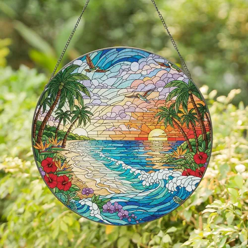 Tropical Beach Ocean Sunset Sea Turtles - Home Decor Gift for Ocean Lover Stained Glass Suncatcher