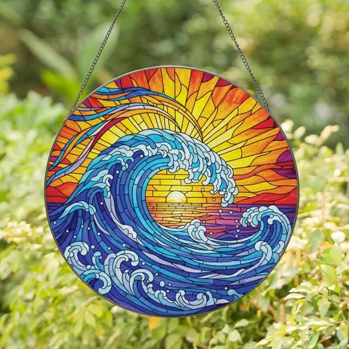 Ocean Wave Sunset Sky Horizon Sea Sun Foam Splashes Currents Spray - Home Decor Gift Stained Glass Suncatcher