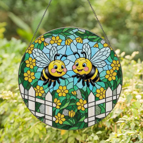 Two Cartoon Bees Picket Fence Foliage Blossoms Sky - Home Decor Gift for Garden Lovers Stained Glass Suncatcher