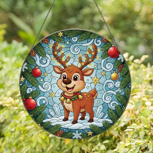 Reindeer Fairy Lights Garland Christmas Ornaments Pine Boughs - Christmas Gift Stained Glass Suncatcher