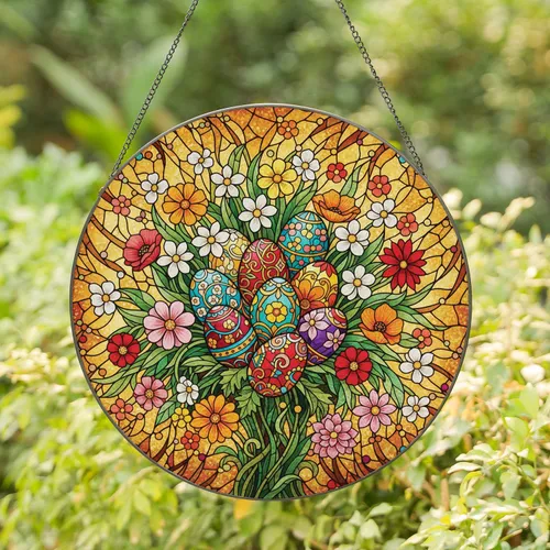 Easter Egg Bouquet Spring Daisy Poppy - Easter Home Decor Gift for Spring Celebration Stained Glass Suncatcher