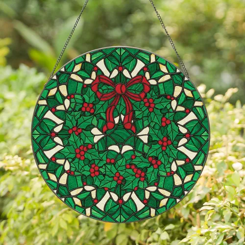 Red Ribbon Holly Berry Christmas Wreath - Christmas Season Home Decor Gift Stained Glass Suncatcher