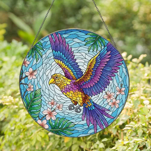 Yellow Beak Tropical Bird Flight Tropical Foliage Sky Water - Home Decor Gift for Bird Lover Stained Glass Suncatcher