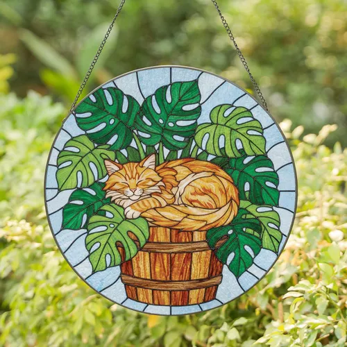 Sleeping Tabby Cat Tropical Leaves - Cat Lover Home Decor Gift Stained Glass Suncatcher