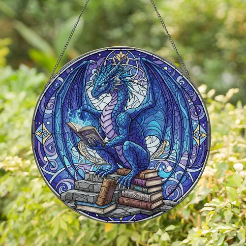 Majestic Scholarly Dragon Ancient Books - Home Decor Gift for Book Lovers Stained Glass Suncatcher
