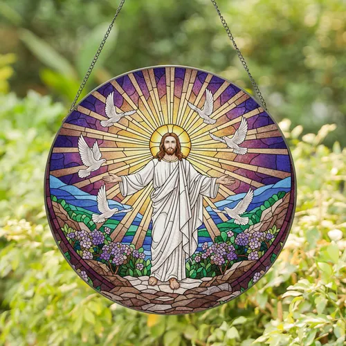 Jesus Christ Doves Flowering Bushes - Spiritual Home Decor Gift for Believers Stained Glass Suncatcher