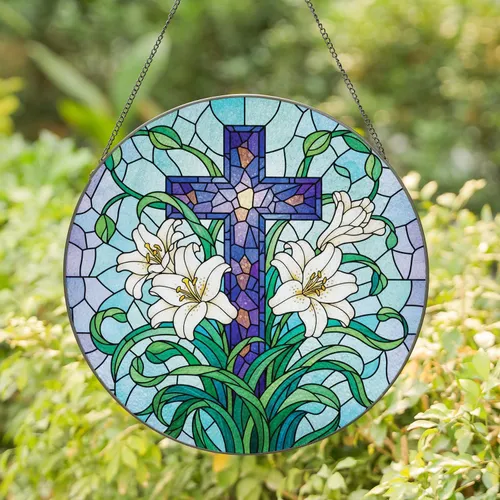 Luminous Christian Cross Easter Lilies Mosaic - Easter Home Decor Gift Stained Glass Suncatcher