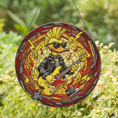 Mohawk Duck Electric Guitar - Music Lover Home Decor Gift Stained Glass Suncatcher