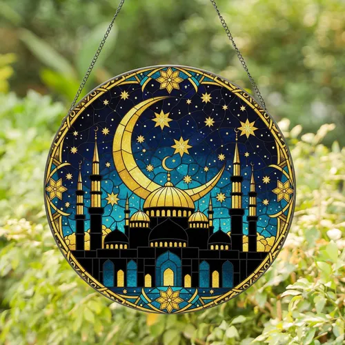 Islamic Mosque Crescent Moon Starry Night - Home Decor Gift for Spiritual Home Stained Glass Suncatcher