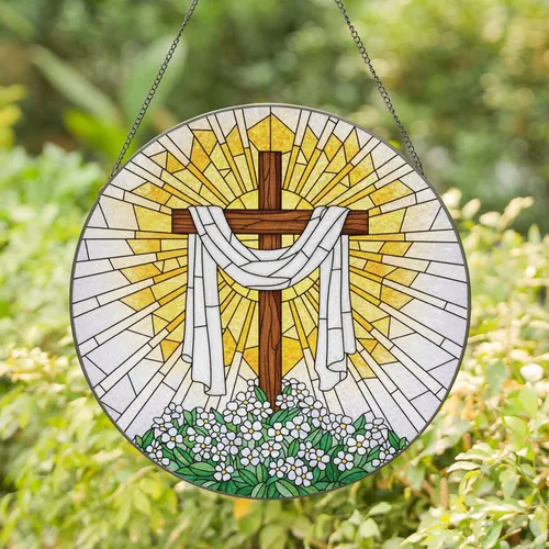 Luminous Stained Glass Cross Shroud Sunburst - Christian Faith Home Decor Gift Stained Glass Suncatcher