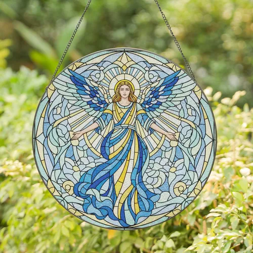 Angelic Figure Radiant Wings Golden Halo Heavenly Cloud Mosaic - Home Decor Gift Stained Glass Suncatcher