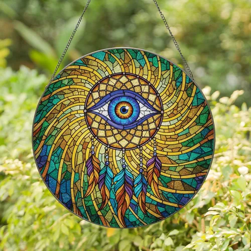 Blue Iris Evil Eye Dreamcatcher Feathers Mosaic Radiating Lines - Home Decor Gift Stained Glass Suncatcher