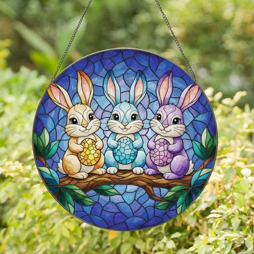 Stained Glass Bunnies Easter Eggs Sparkling Eyes Tree Branch Mosaic Leaves - Easter Gift Stained Glass Suncatcher