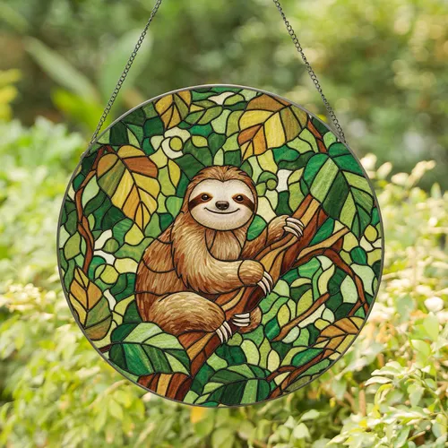 Smiling Three-Toed Sloth Tree Branch Tropical Foliage - Wildlife Lover Home Decor Gift Stained Glass Suncatcher