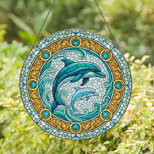 Dolphin Family Leaping Waves Golden Acanthus Border Teal Medallions - Ocean Lover Gift Stained Glass Suncatcher
