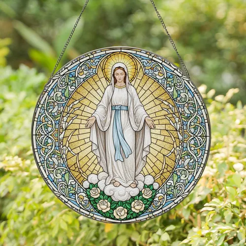 Virgin Mary Gold Halo Roses Celestial Floral - Home Decor Gift for Faith Home Stained Glass Suncatcher