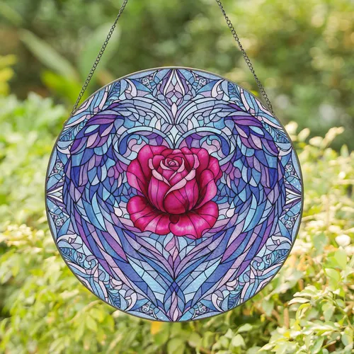 Deep Rose Pink Magenta Rose Heart with Iridescent Wings - Stained Glass Home Decor Gift for Rose Lover Stained Glass Suncatcher
