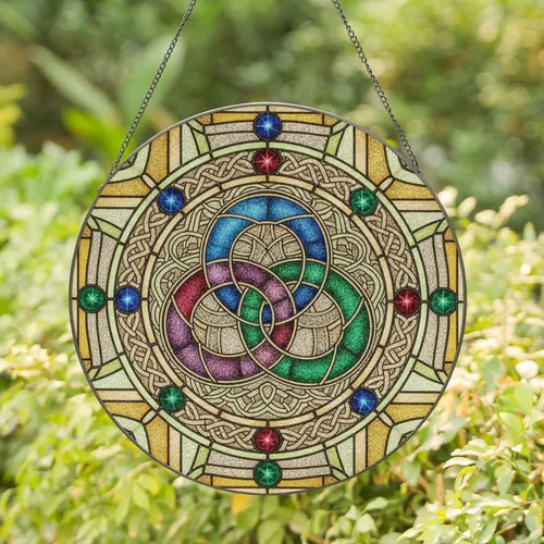 Vibrant Celtic Knot Ornate Luminous Jewel Cabochon Translucent Border - Home Decor Gift Stained Glass Suncatcher