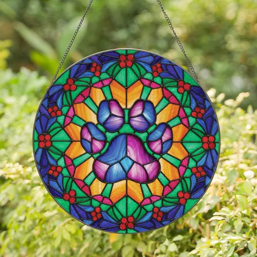 Square Full Coverage Paw Print Radiant Wreath Leaves Berries - Home Decor Gift Stained Glass Suncatcher