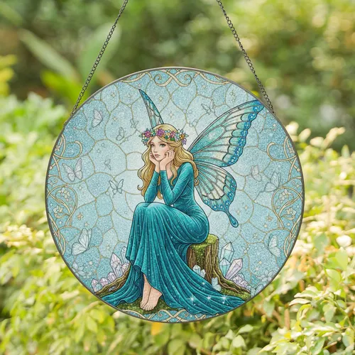 Blonde Fairy Butterfly Wings Floral Wreath Tree Stump - Home Decor Gift for Fairy Lover Stained Glass Suncatcher